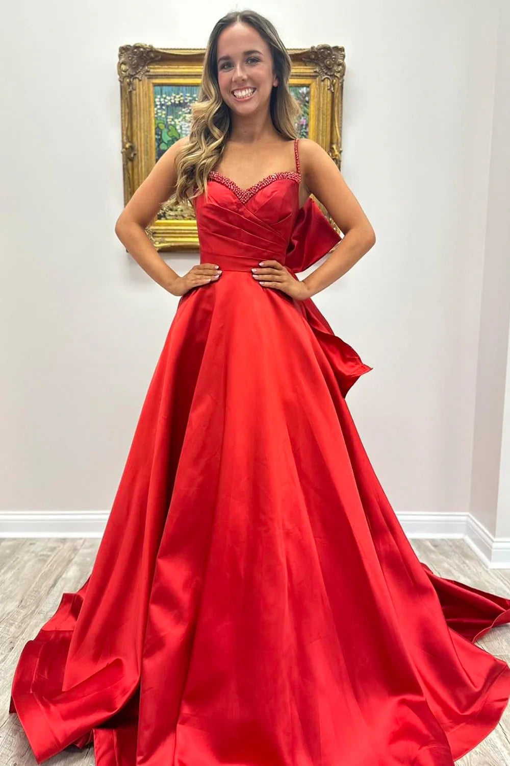 Red Satin A-Line Sweetheart Beaded Prom Dress