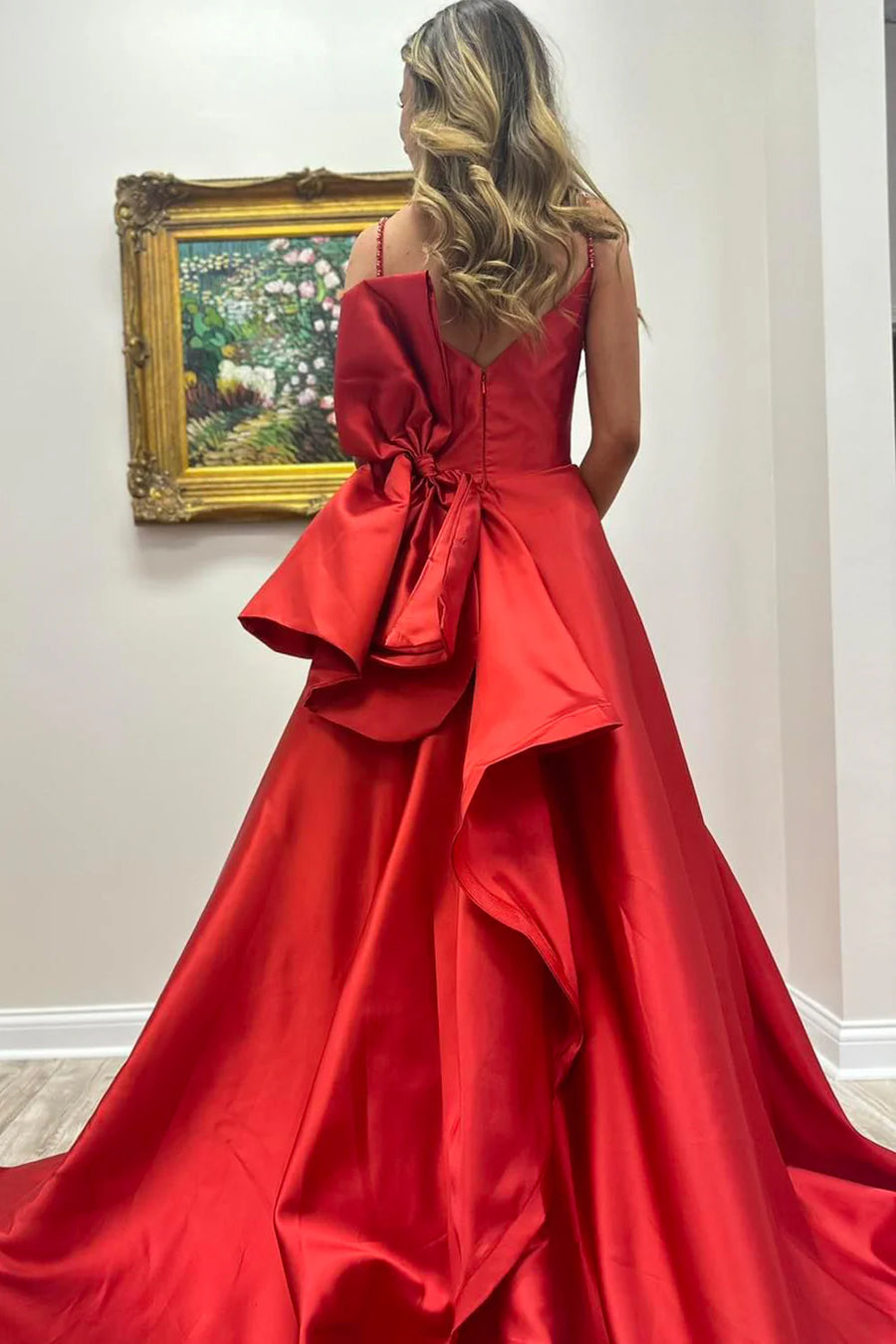 Red Satin A-Line Sweetheart Beaded Prom Dress