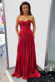 Red Satin A-Line Sweetheart Sleeveless Lace Up Party Prom Dress