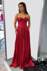 Red Satin A-Line Sweetheart Sleeveless Lace Up Party Prom Dress