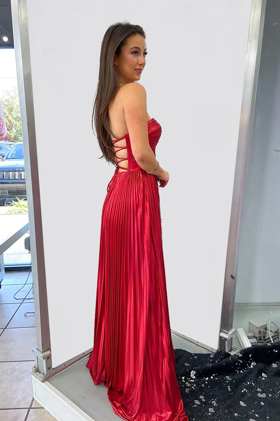 Red Satin A-Line Sweetheart Sleeveless Lace Up Party Prom Dress