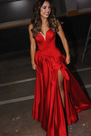 Red Satin A-Line Sweetheart Sleeveless Party Prom Dress