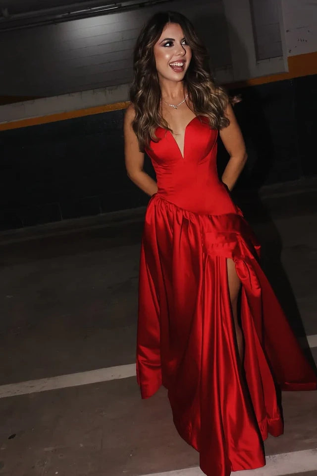 Red Satin A-Line Sweetheart Sleeveless Party Prom Dress
