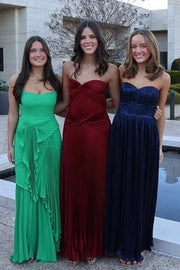 Red Satin A-Line Sweetheart Strapless Pleated Party Prom Dress