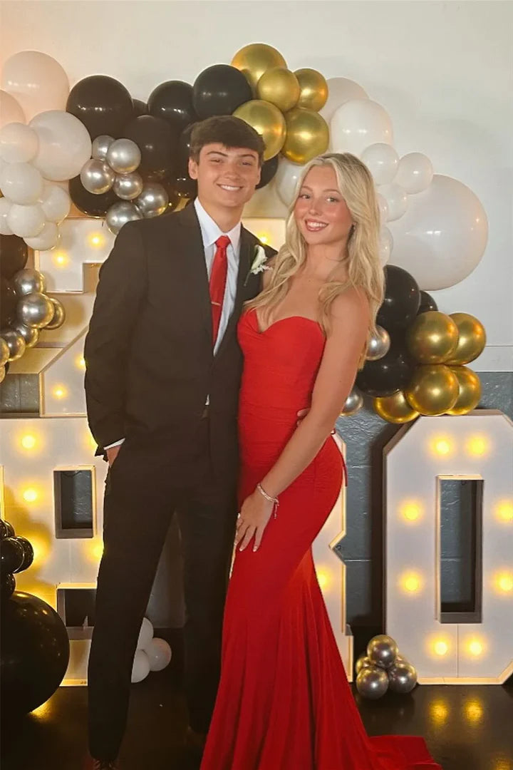 Red Satin Empire Sweetheart Strapless Mermaid Party Prom Dress