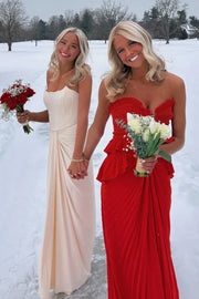 Red Satin Fitted Pleated Ruffle Sweetheart Strapless Party Prom Dress