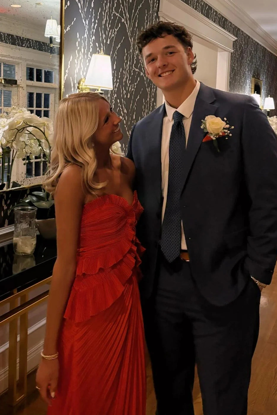 Red Satin Fitted Pleated Ruffle Sweetheart Strapless Party Prom Dress