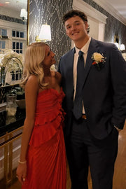 Red Satin Fitted Pleated Ruffle Sweetheart Strapless Party Prom Dress