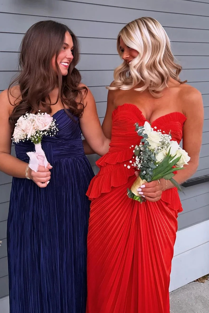 Red Satin Fitted Pleated Ruffle Sweetheart Strapless Party Prom Dress