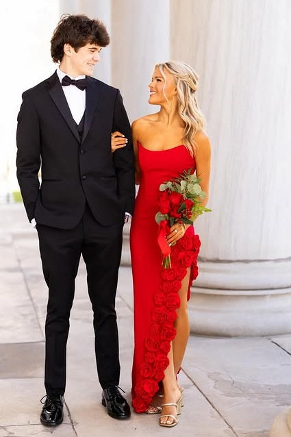 Red Satin Fitted Strapless Party Prom Dress With Florals