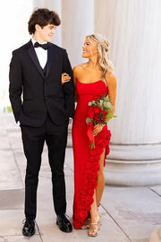 Red Satin Fitted Strapless Party Prom Dress With Florals