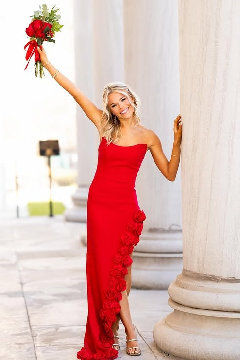 Red Satin Fitted Strapless Party Prom Dress With Florals