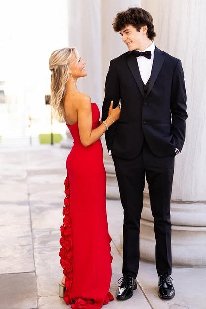 Red Satin Fitted Strapless Party Prom Dress With Florals