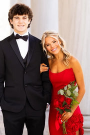 Red Satin Fitted Strapless Party Prom Dress With Florals