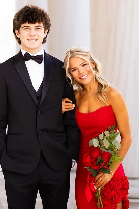 Red Satin Fitted Strapless Party Prom Dress With Florals