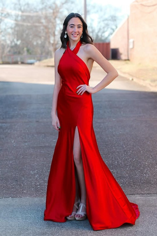 Red Satin Halter Backless Long Prom Dress With Slit