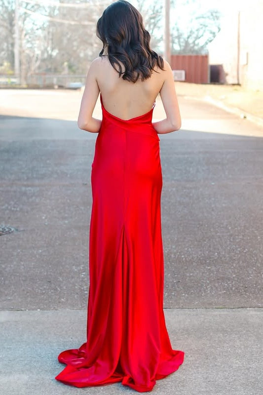 Red Satin Halter Backless Long Prom Dress With Slit