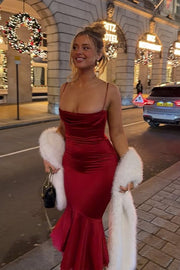 Red Satin Mermaid Square Sleeveless Midi Party Prom Dress