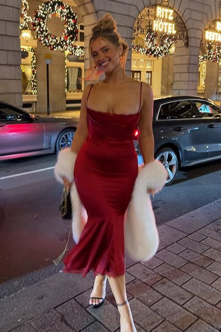 Red Satin Mermaid Square Sleeveless Midi Party Prom Dress