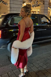 Red Satin Mermaid Square Sleeveless Midi Party Prom Dress