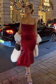 Red Satin Mermaid Square Sleeveless Midi Party Prom Dress