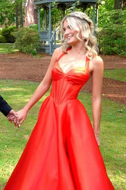Red Satin Sweetheart Halter Party Prom Dress With Train 