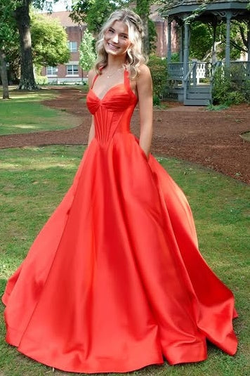 Red Satin Sweetheart Halter Party Prom Dress With Train