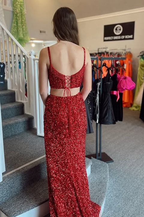 Red Sequins Two Piece V-Neck Sleeveless  Party Prom Dress