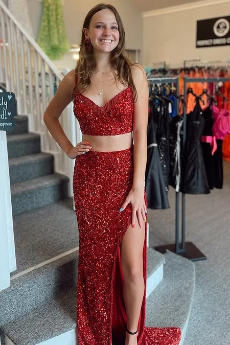 Red Sequins Two Piece V-Neck Sleeveless  Party Prom Dress