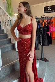 Red Sequins Two Piece V-Neck Sleeveless  Party Prom Dress