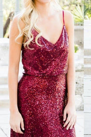 Red Sequins V-Neck Spaghetti Straps Long A-Line Bridesmaid Dress