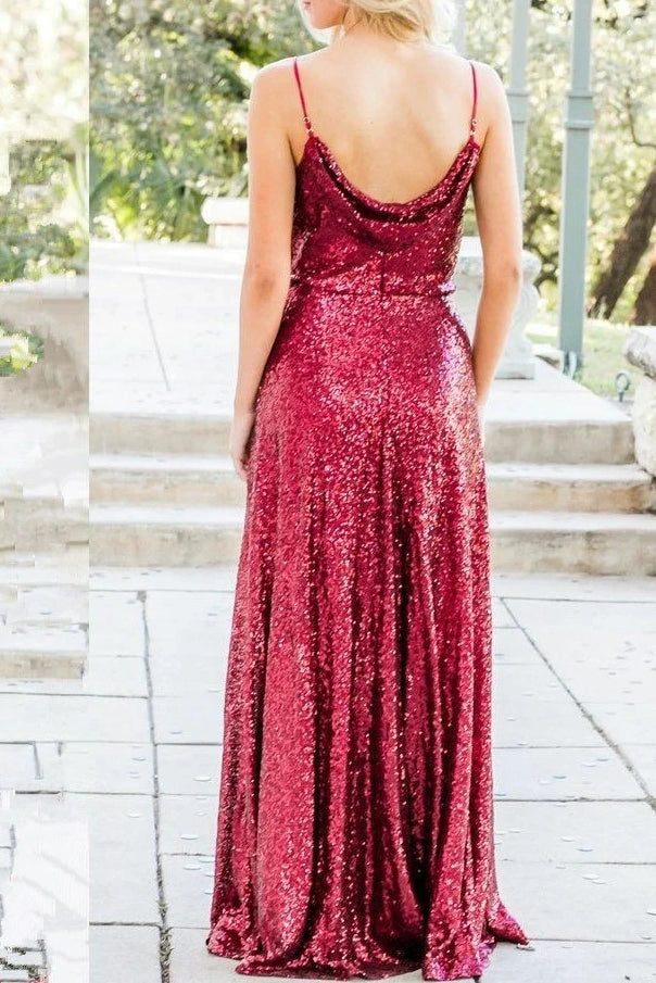 Red Sequins V-Neck Spaghetti Straps Long A-Line Bridesmaid Dress