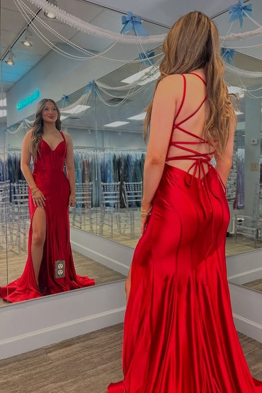 Red Sleeveless Lace Up Mermaid Party Prom Dress With Slit