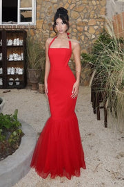 Red Square Halter Backless Mermaid Long Party Prom Dress