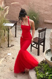 Red Square Halter Backless Mermaid Long Party Prom Dress