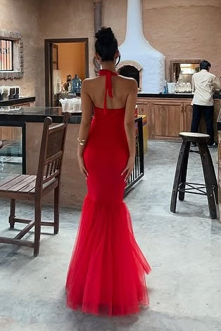 Red Square Halter Backless Mermaid Long Party Prom Dress