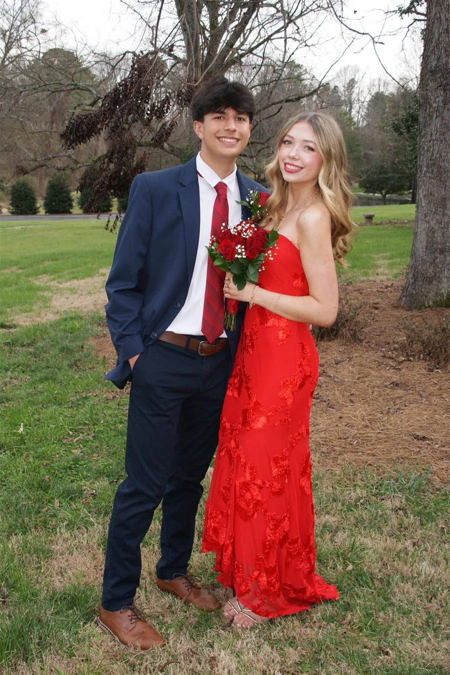 Red Strapless Empire Sheath Floral Party Prom Dress With Train