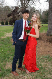 Red Strapless Empire Sheath Floral Party Prom Dress With Train