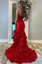 Red Sweetheart Mermaid Lace Tiered Prom Dress