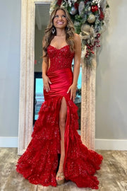 Red Sweetheart Mermaid Lace Tiered Prom Dress