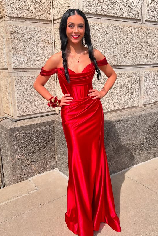 Red Sweetheart Off-Shoulder Mermaid Satin Prom Party Dress