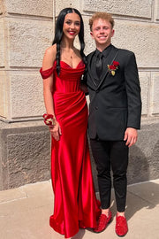 Red Sweetheart Off-Shoulder Mermaid Satin Prom Party Dress