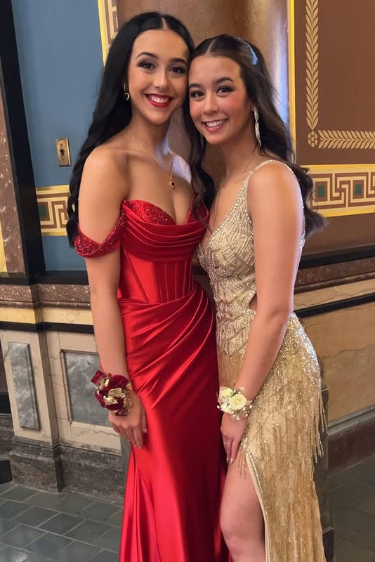 Red Sweetheart Off-Shoulder Mermaid Satin Prom Party Dress