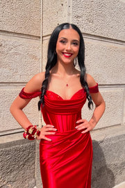 Red Sweetheart Off-Shoulder Mermaid Satin Prom Party Dress