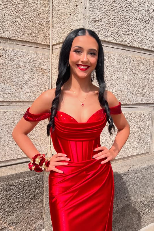 Red Sweetheart Off-Shoulder Mermaid Satin Prom Party Dress