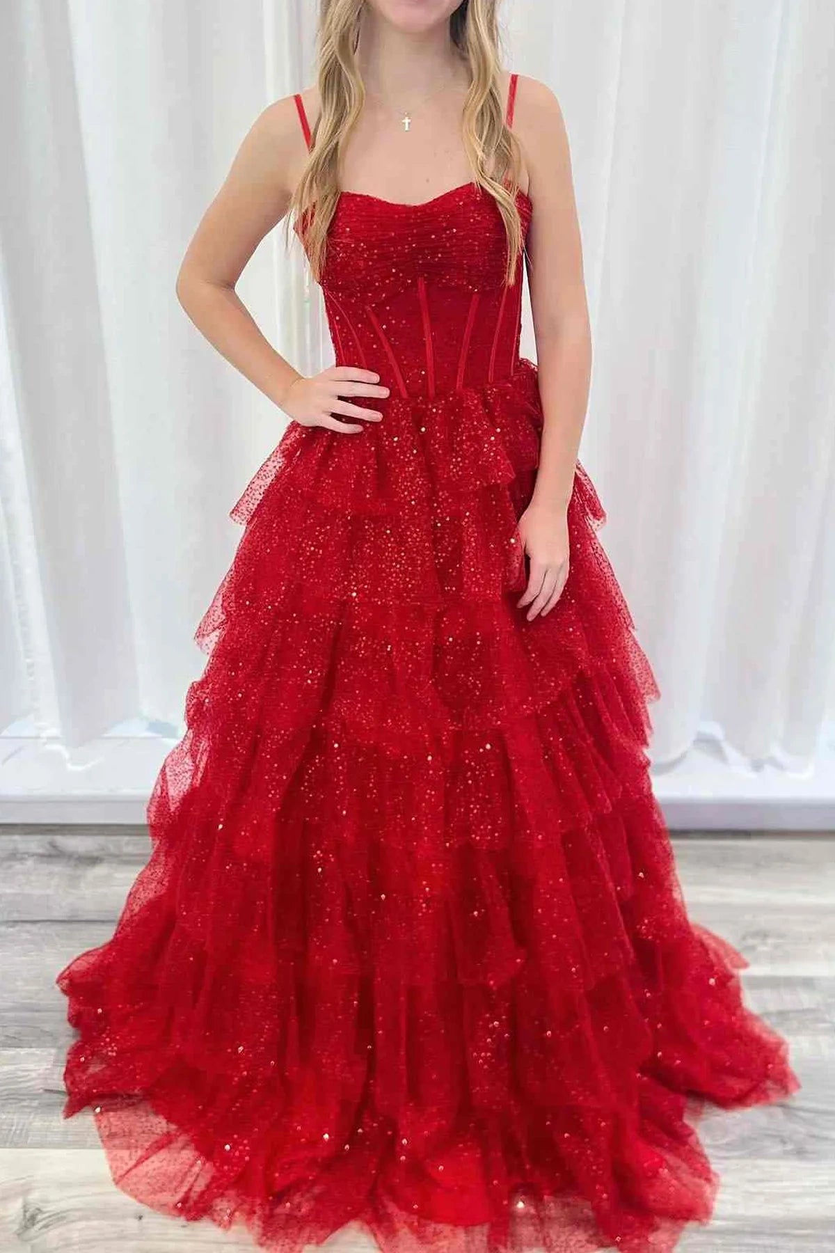 Red Sweetheart Sequins Tulle A-Line Tiered Prom Dress