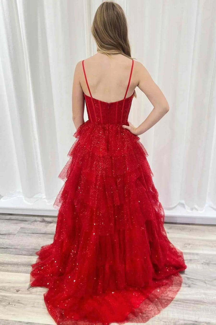 Red Sweetheart Sequins Tulle A-Line Tiered Prom Dress