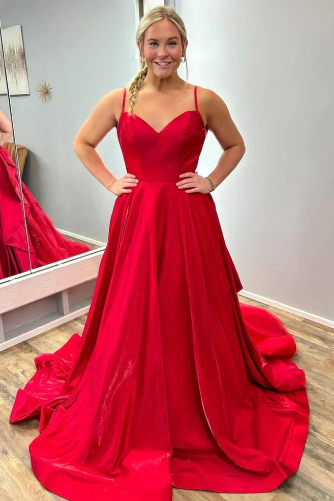 Red Sweetheart Sleeveless A-Line Prom Dress With Train