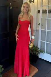 Red Sweetheart Strapless High Waist Satin Maxi Party Prom Dress 