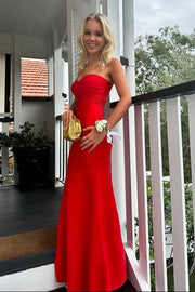 Red Sweetheart Strapless High Waist Satin Maxi Party Prom Dress 